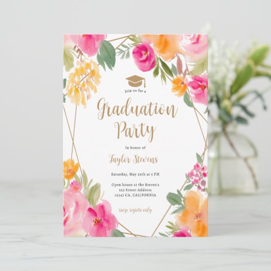 明るいピンクのカラフルフローラ金ゴールドの卒業 招待状 (スタンド正面)