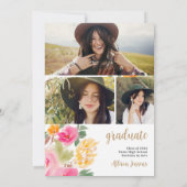 明るいピンクのカラフルフローラ金ゴールドの卒業 招待状 (裏面)