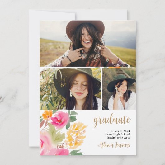 明るいピンクのカラフルフローラ金ゴールドの卒業 招待状 (裏面)