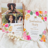 明るいピンクのカラフルフローラ金ゴールドの卒業 招待状