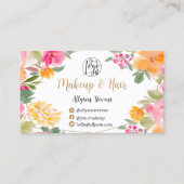 明るいピンクのカラフルフローラ金ゴールドメイクアップヘア 名刺 (正面)