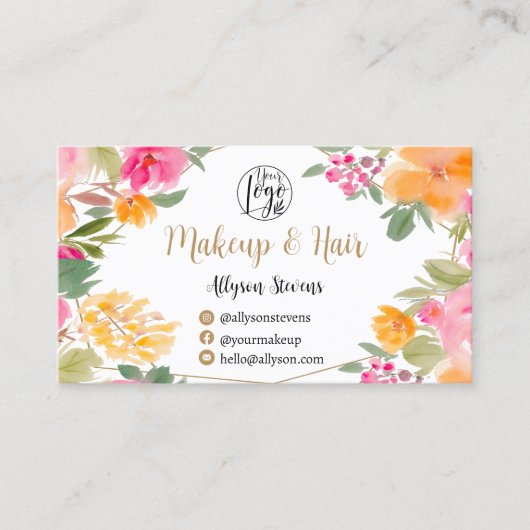 明るいピンクのカラフルフローラ金ゴールドメイクアップヘア 名刺 (正面)