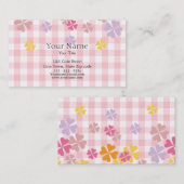 明るいピンクのギンガムおよびパステル調の花柄 名刺 (正面/裏面)