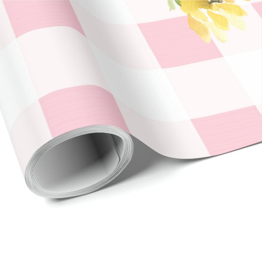 明るいピンクのギンガムヒマワリ赤ちゃんシャワー ラッピングペーパー (ロールコーナー)