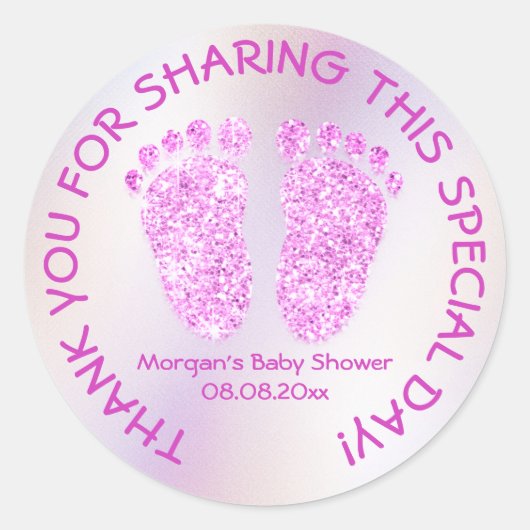明るいピンクのグリッター足ベビーシャワー感謝していY賛成 ラウンドシール (正面)
