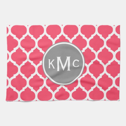 明るいピンクのグレーモノグラムのモロッコラティス キッチンタオル (横)