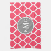 明るいピンクのグレーモノグラムのモロッコラティス キッチンタオル (縦)