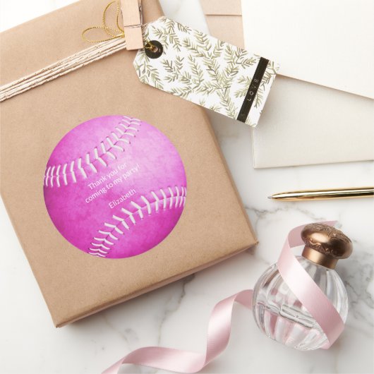 明るいピンクのソフトボールスポーツ感謝していパーティーyou ラウンドシール (ギフト)