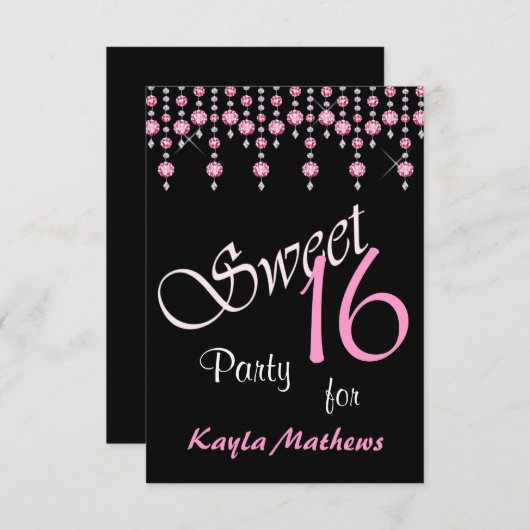 明るいピンクのダイヤモンドカーテンスイート16パーティー 招待状 (正面/裏面)