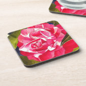 明るいピンクのツバキの水彩アートフラワー コースター (左側)