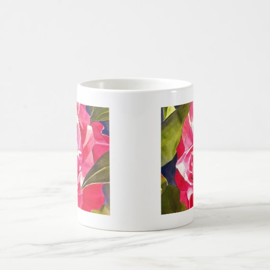 明るいピンクのツバキの水彩アートフラワー コーヒーマグカップ (中央)