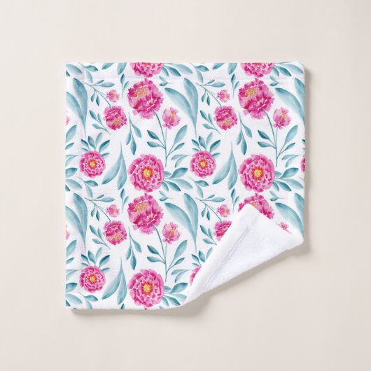 明るいピンクのティール(緑がかった色)水彩夏の花柄 ウォッシュタオル (ウォッシュタオル)