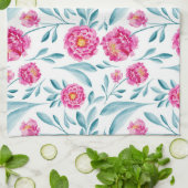 明るいピンクのティール(緑がかった色)水彩夏の花柄 キッチンタオル (折り畳み)