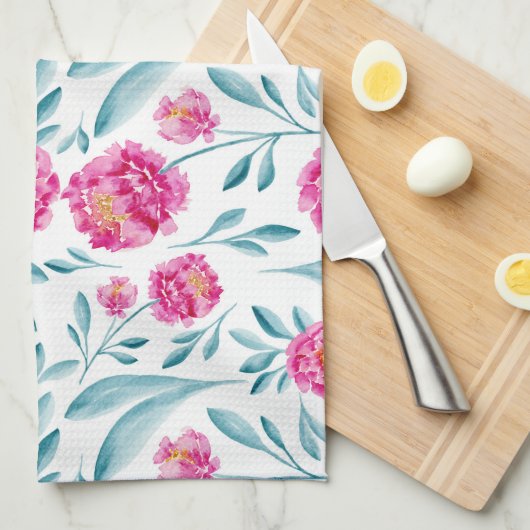 明るいピンクのティール(緑がかった色)水彩夏の花柄 キッチンタオル (四つ折り)