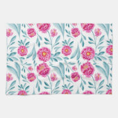 明るいピンクのティール(緑がかった色)水彩夏の花柄 キッチンタオル (横)