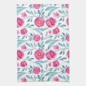 明るいピンクのティール(緑がかった色)水彩夏の花柄 キッチンタオル (縦)