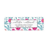 明るいピンクのティール(緑がかった色)水彩夏の花柄 ラベル (正面)