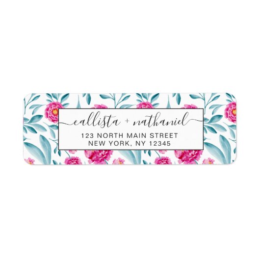 明るいピンクのティール(緑がかった色)水彩夏の花柄 ラベル (正面)