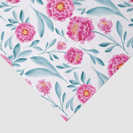 明るいピンクのティール（緑がかった色）水彩夏の花柄 薄葉紙 (詳細)