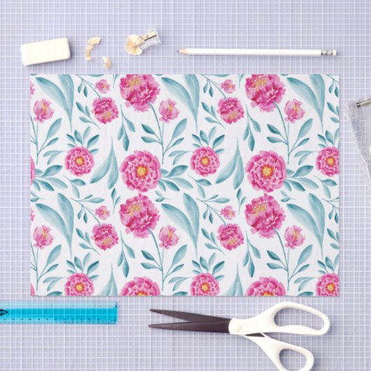 明るいピンクのティール（緑がかった色）水彩夏の花柄 薄葉紙 (クラフト)