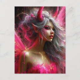 明るいピンクのドレスに角を持つ妖精 ポストカード