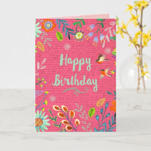 明るいピンクのハッピーバースデーの国の花 カード (黄色い花)