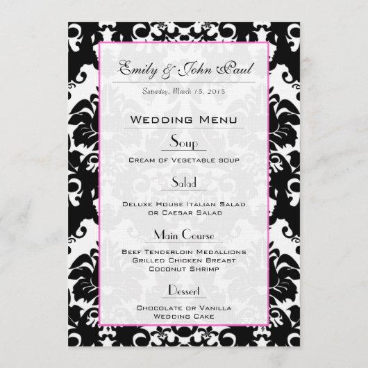 明るいピンクのハートと渦巻きダマスクの結婚式メニュー メニュー (裏面)