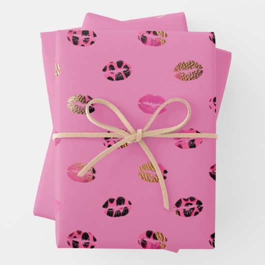 明るいピンクのバラとヒョウの唇 ラッピングペーパーシート (インサイチュ)