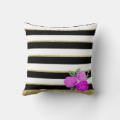 明るいピンクのバラの上の黒、白、金ゴールドクッション クッション (裏面)