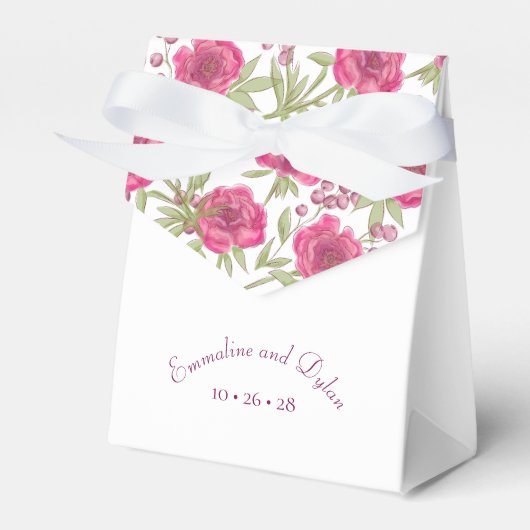 明るいピンクのバラの結婚式 フェイバーボックス (正面サイド)