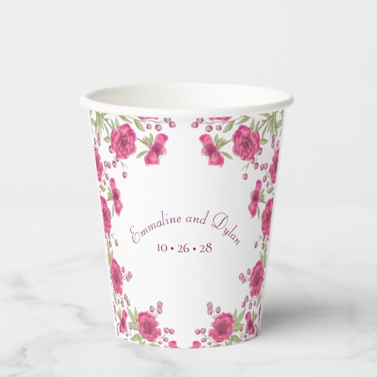明るいピンクのバラの結婚式 紙コップ (正面)