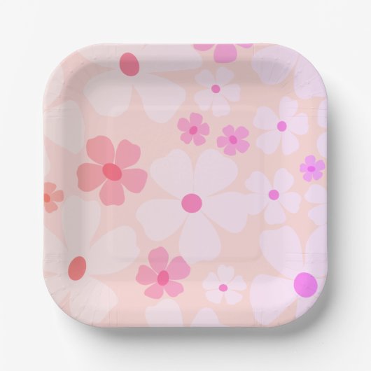 明るいピンクのピーチフラワーパワースクエア ペーパープレート (正面)