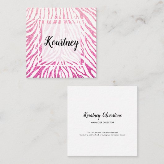 明るいピンクのフェイクなグリッターのシマウマパターン白フレーム スクエア名刺 (正面/裏面)
