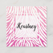 明るいピンクのフェイクなグリッターのシマウマパターン白フレーム スクエア名刺 (正面)