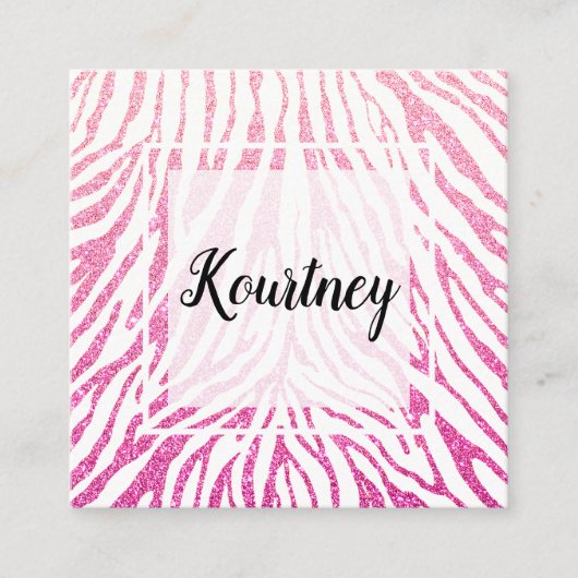 明るいピンクのフェイクなグリッターのシマウマパターン白フレーム スクエア名刺 (正面)