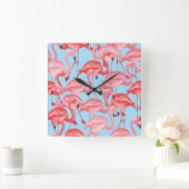 明るいピンクのフラミンゴスオンブルー スクエア壁時計 (ホーム)