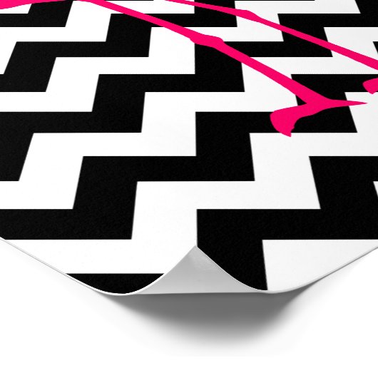 明るいピンクのフラミンゴ黒と白のジグザグ ポスター (角)