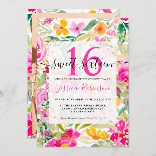 明るいピンクのフローラの水色金ゴールドシック甘い16 招待状 (正面/裏面)