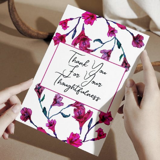 明るいピンクのフローラの結婚水色 サンキューカード