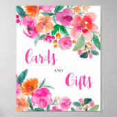 明るいピンクのフローラスクリプトブライダルシャワー記号 ポスター (正面)