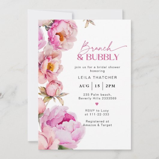 明るいピンクのフローラブランチと泡立つブライダル 招待状 (正面)