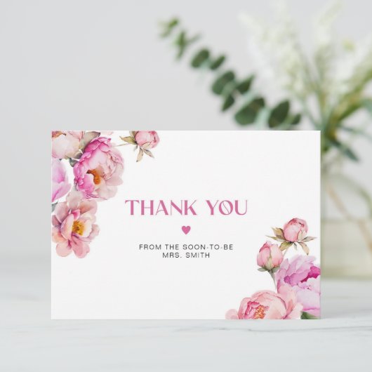 明るいピンクのフローラ牡丹ブライダルサンキューカード カード (スタンド正面)