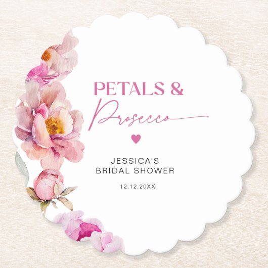 明るいピンクのフローラ花びらとプロセッコブライダル ペーパーコースター (正面)