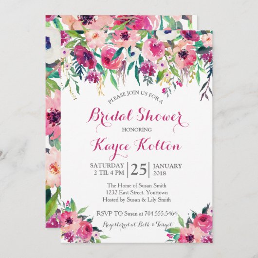 明るいピンクのブライダルシャワーの招待 招待状 (正面/裏面)