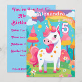 明るいピンクのユニコーンの誕生日招待状 招待状 (正面/裏面)