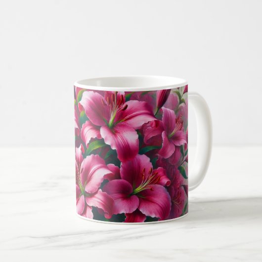 明るいピンクのユリの花のマグカップ コーヒーマグカップ (正面右)