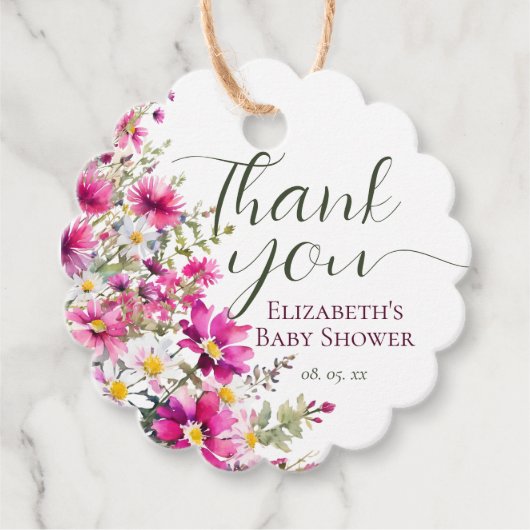 明るいピンクのワイルドフラワーズフローラボホベイビーシャワー フェイバータグ (正面)