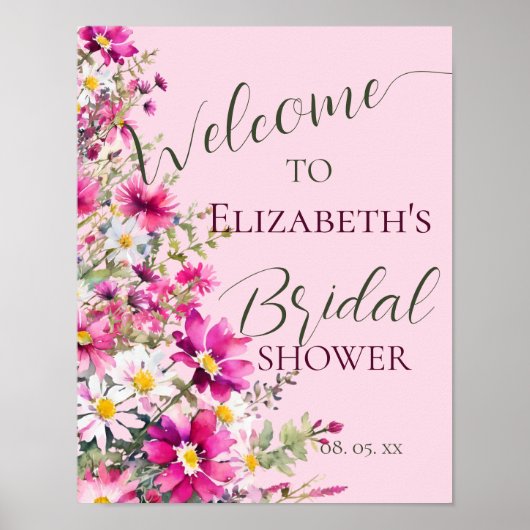 明るいピンクのワイルドフラワーフローラスクリプトのウェルカムサイン ポスター (正面)