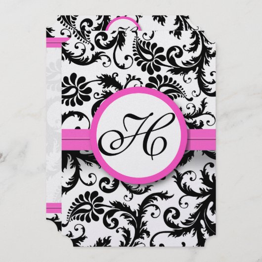 明るいピンクのヴィンテージダマスク結婚スワールの侵入 招待状 (正面/裏面)