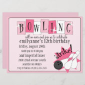 明るいピンクの全くレトロのボーリングの誕生会 招待状 (正面/裏面)